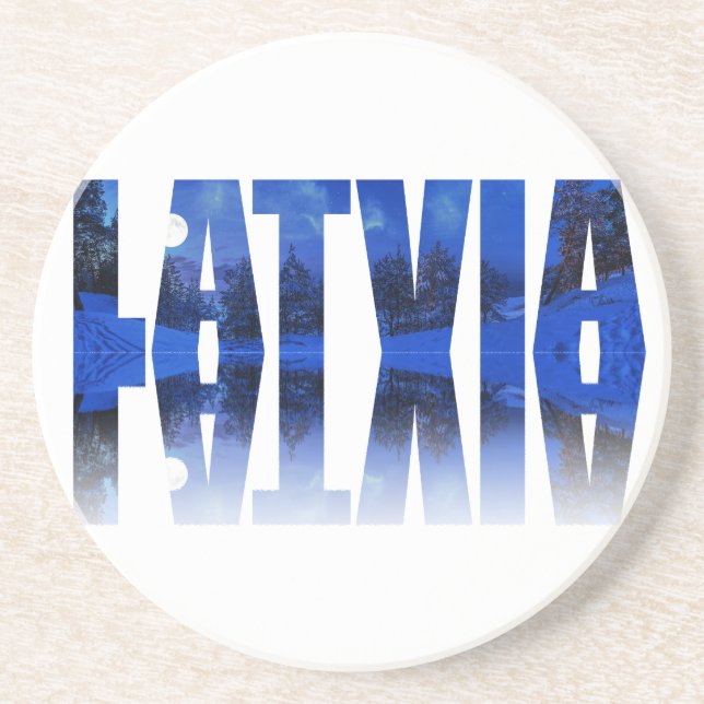 Latvia winter night text with reflection coaster (Front)