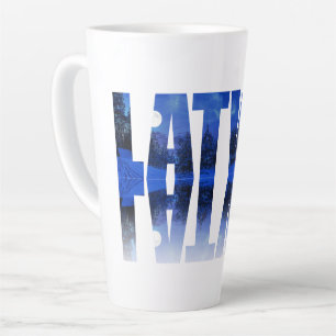Latvia winter night text with reflection latte mug