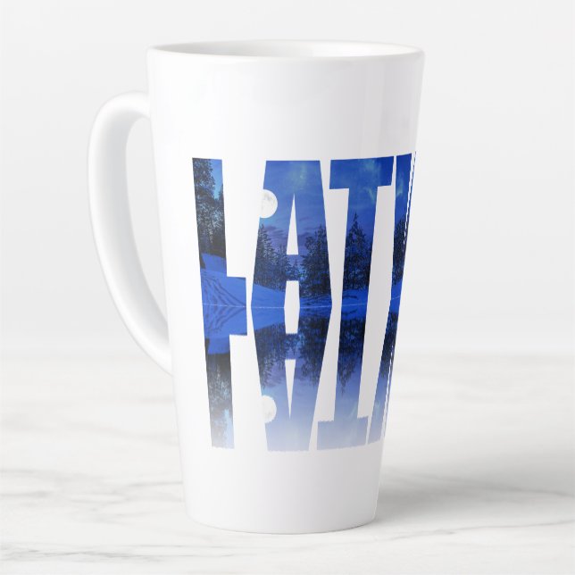 Latvia winter night text with reflection latte mug (Left Angle)