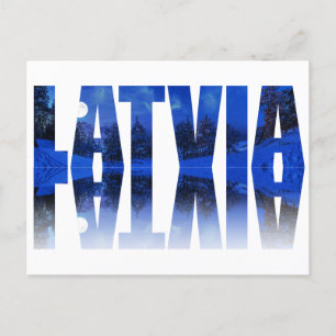 Latvia winter night text with reflection postcard