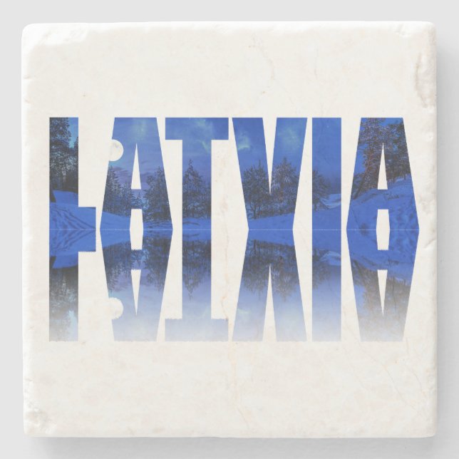 Latvia winter night text with reflection stone coaster (Front)