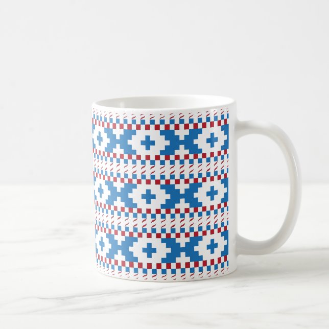 Latvian ancient signs blue, red, white folk art coffee mug (Right)