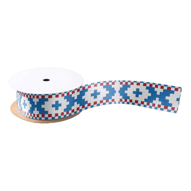 Latvian ancient signs blue, red, white folk art satin ribbon (Spool)