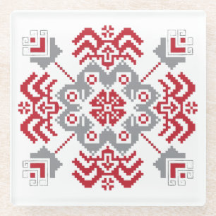 Latvian Auseklis Folk art geometric medallion Glass Coaster