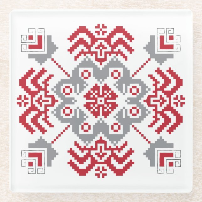 Latvian Auseklis Folk art geometric medallion Glass Coaster (Front)