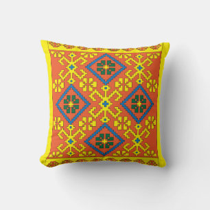Latvian Ethnic orange yellow folk art from Alsunga Cushion