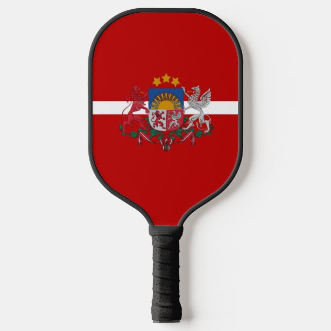 Latvian flag-coat of arms pickleball paddle (Front)