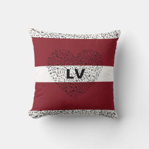 Latvian Flag with musical notes and a heart Cushion