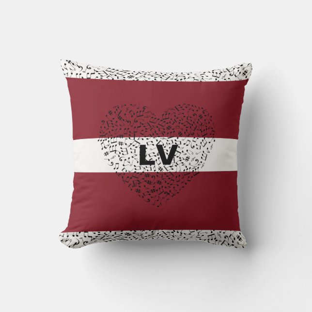 Latvian Flag with musical notes and a heart Cushion (Front)