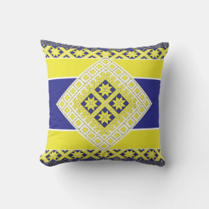 Latvian folk art blue yellow geometric Medallion Cushion