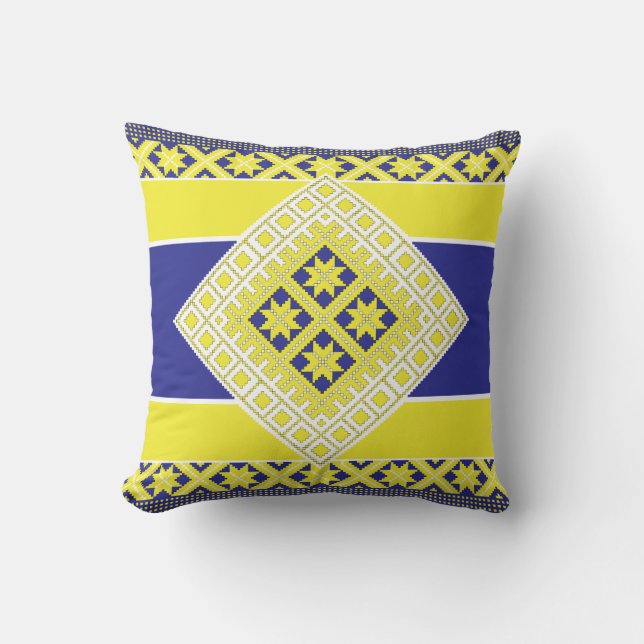 Latvian folk art blue yellow geometric Medallion Cushion (Front)