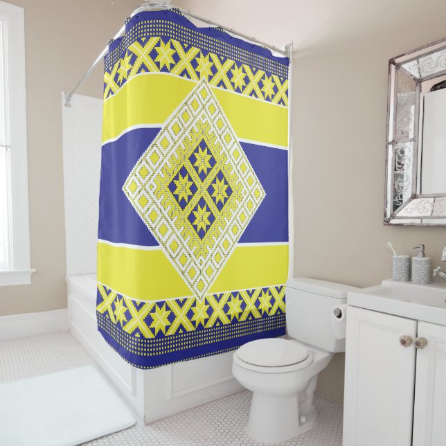 Latvian folk art blue yellow geometric Medallion Shower Curtain (In Situ)