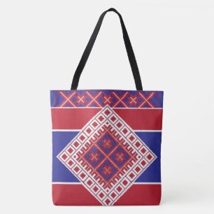 Latvian folk art red and blue geometric Medallion Tote Bag