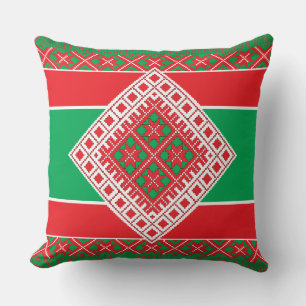 Latvian folk art red and green geometric Medallion Cushion