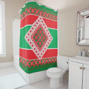 Latvian folk art red and green geometric Medallion Shower Curtain