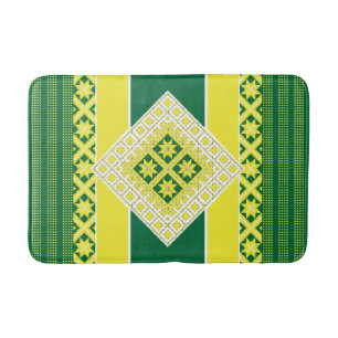 Latvian folk art yellow green geometric Medallion Bath Mat