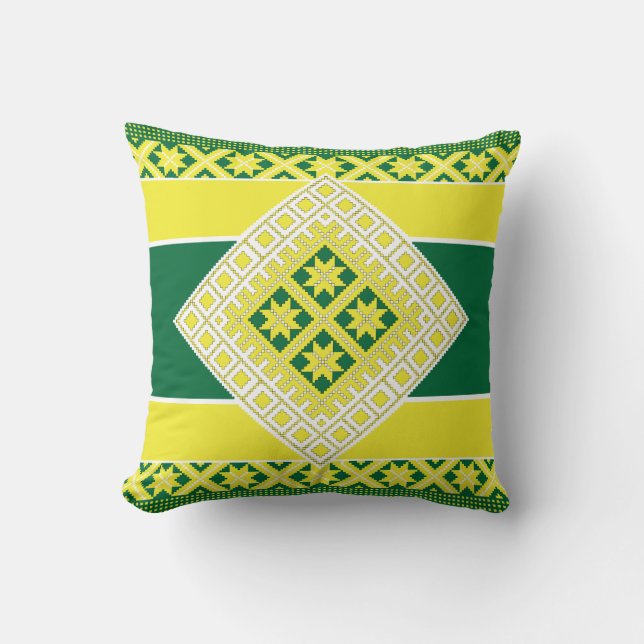 Latvian folk art yellow green geometric Medallion Cushion (Front)