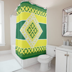 Latvian folk art yellow green geometric Medallion Shower Curtain