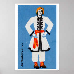 Latvian Man Matchbox Art Print, Vintage Folk Art Poster