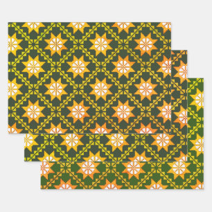Latvian Vintage green folk art Auseklis pattern  Wrapping Paper Sheet