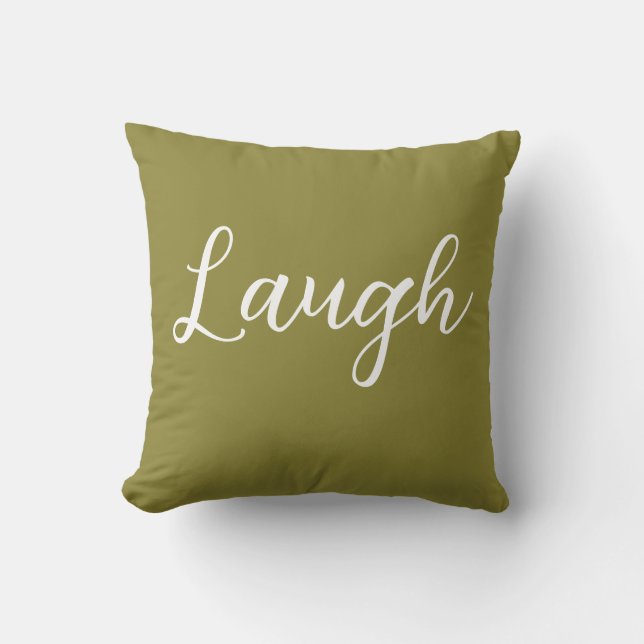 Laugh Throw Pillow Olive Green White (Front)