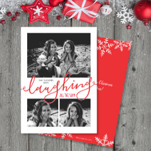 Laughing All the Way 3-Photo Snow Red Christmas Holiday Card