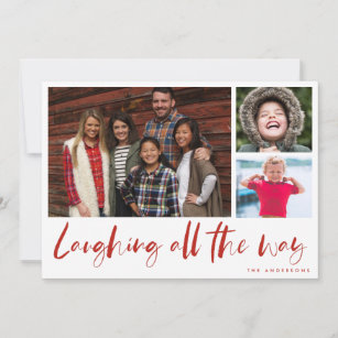 Laughing All the Way Modern 3 Photo Plaid Card