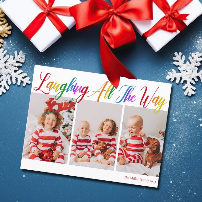 Laughing All The Way Rainbow 3 Christmas Photo Holiday Postcard (Creator Uploaded)