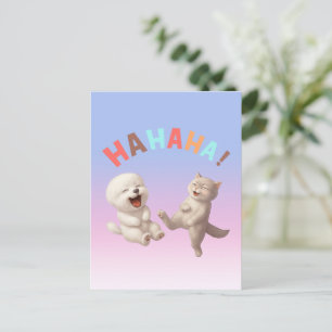 Laughing Besties: HAHAHA! Smiling Bichon & Cat Art Announcement Postcard