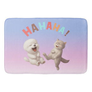 Laughing Besties: HAHAHA! Smiling Bichon & Cat Art Bath Mat