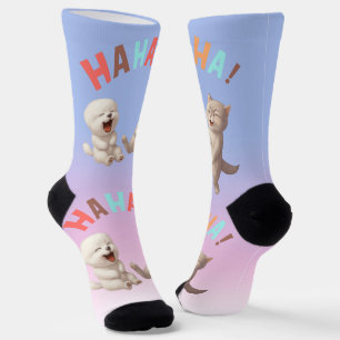 Laughing Besties: HAHAHA! Smiling Bichon & Cat Art Socks