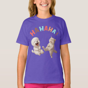 Laughing Besties: HAHAHA! Smiling Bichon & Cat Art T-Shirt