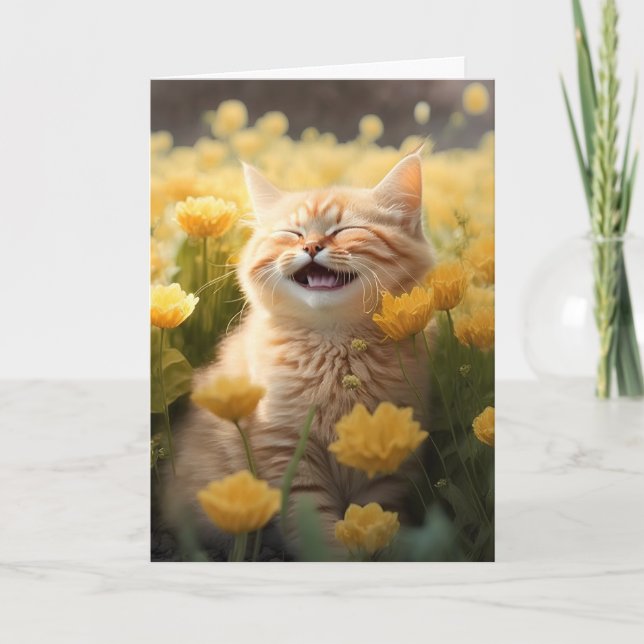 Laughing Birthday Kitten In Flowers Card (Front)