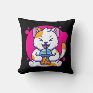 Laughing Cat Neko Kawaii Boba Tea In Anime Style  Cushion