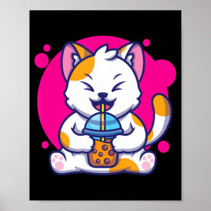 Laughing Cat Neko Kawaii Boba Tea In Anime Style  Poster