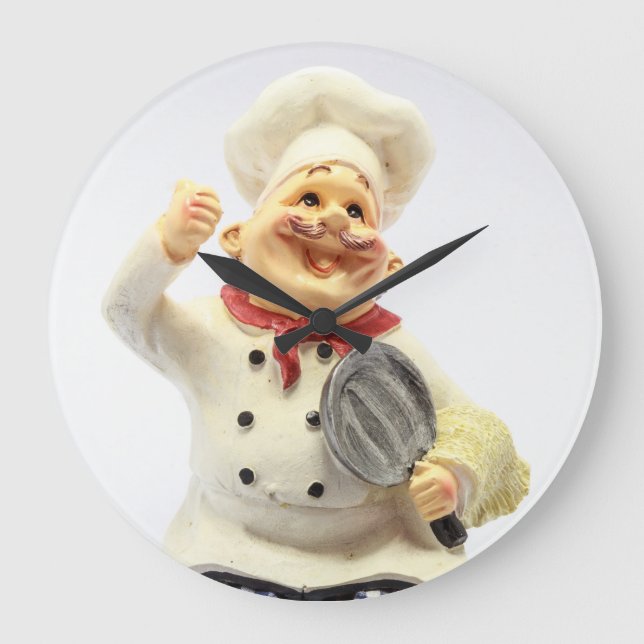 Laughing chef with pan pottery figurine large clock (Front)