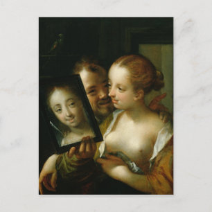 Laughing Couple with a mirror, 1596 Postcard