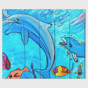 laughing dolphins blue wrapping paper