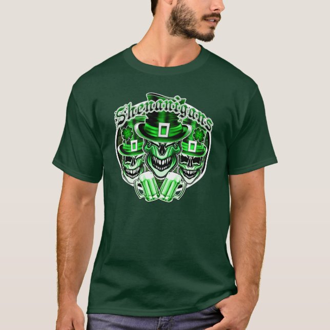 Laughing Irish Leprechaun Skulls: Shenanigans 2 T-Shirt (Front)