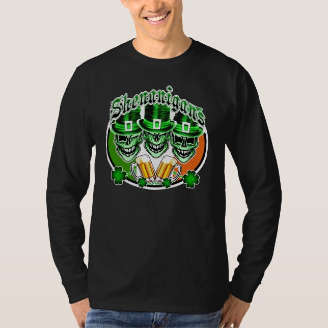 Laughing Irish Leprechaun Skulls: Shenanigans T-Shirt (Front)