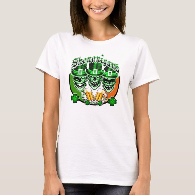 Laughing Irish Leprechaun Skulls: Shenanigans T-Shirt (Front)