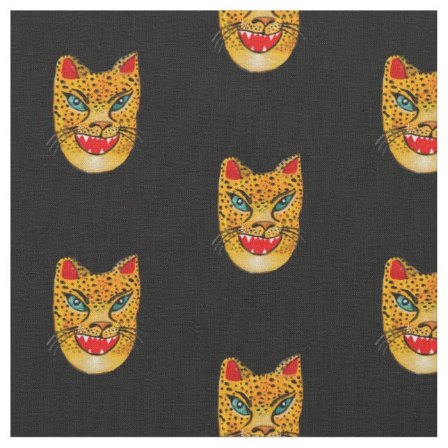 Laughing Jaguar Watercolor Black Fabric (Close Up)