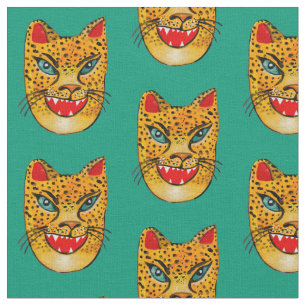 Laughing Jaguar Watercolor Green Fabric