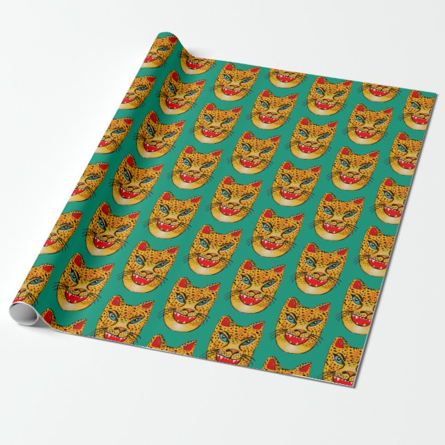 Laughing Jaguar Watercolor Pattern Wrapping Paper (Unrolled)