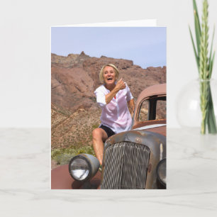 Laughing Retiree Riding Antique Car in the Desert Card