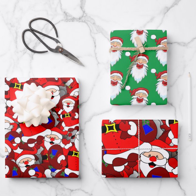 Laughing Santa and Smiling Claus Pattern Wrapping Paper Sheet (Front)