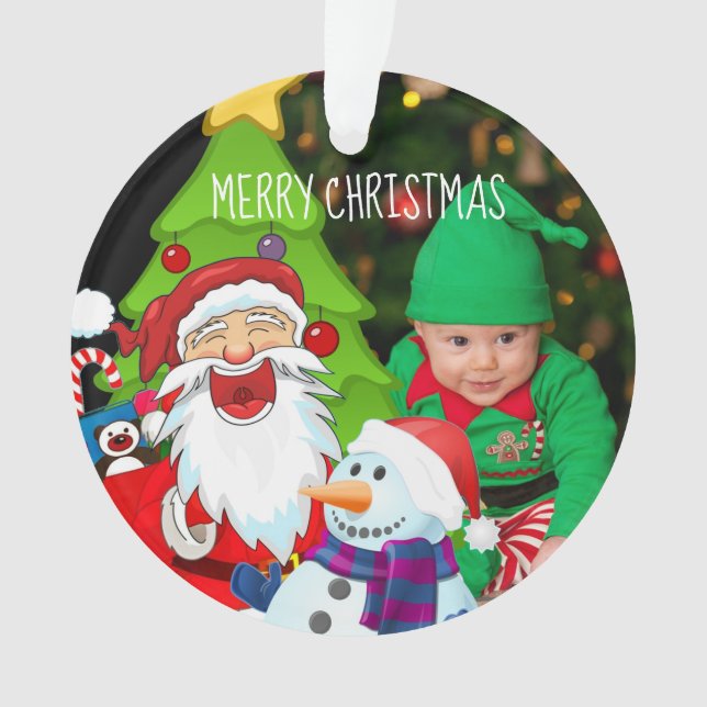 Laughing Santa and Snowman Christmas Baby Photo Ornament (Front)