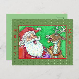 LAUGHING SANTA & REINDEER KNOCK KNOCK JOKES Funny Holiday Postcard