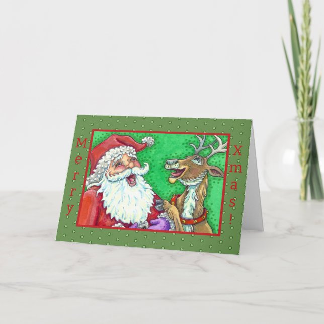 LAUGHING SANTA & REINDEER KNOCK KNOCK JOKES Verse Holiday Card (Front)