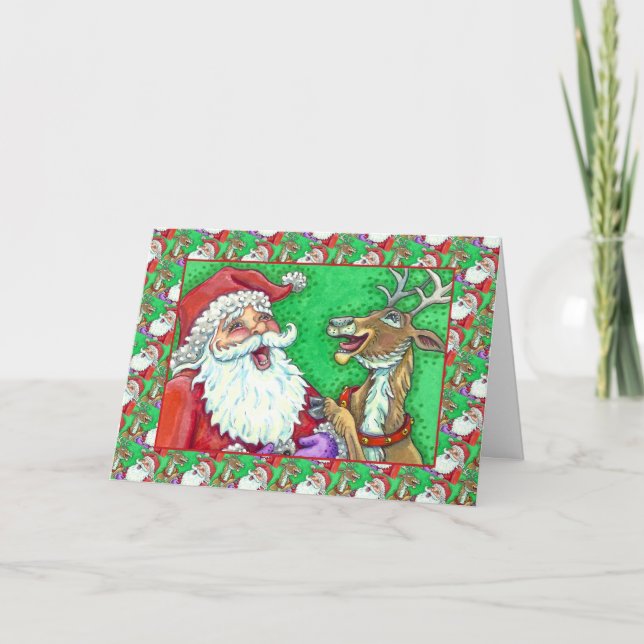 LAUGHING SANTA & REINDEER KNOCK KNOCK JOKES Verse Holiday Card (Front)